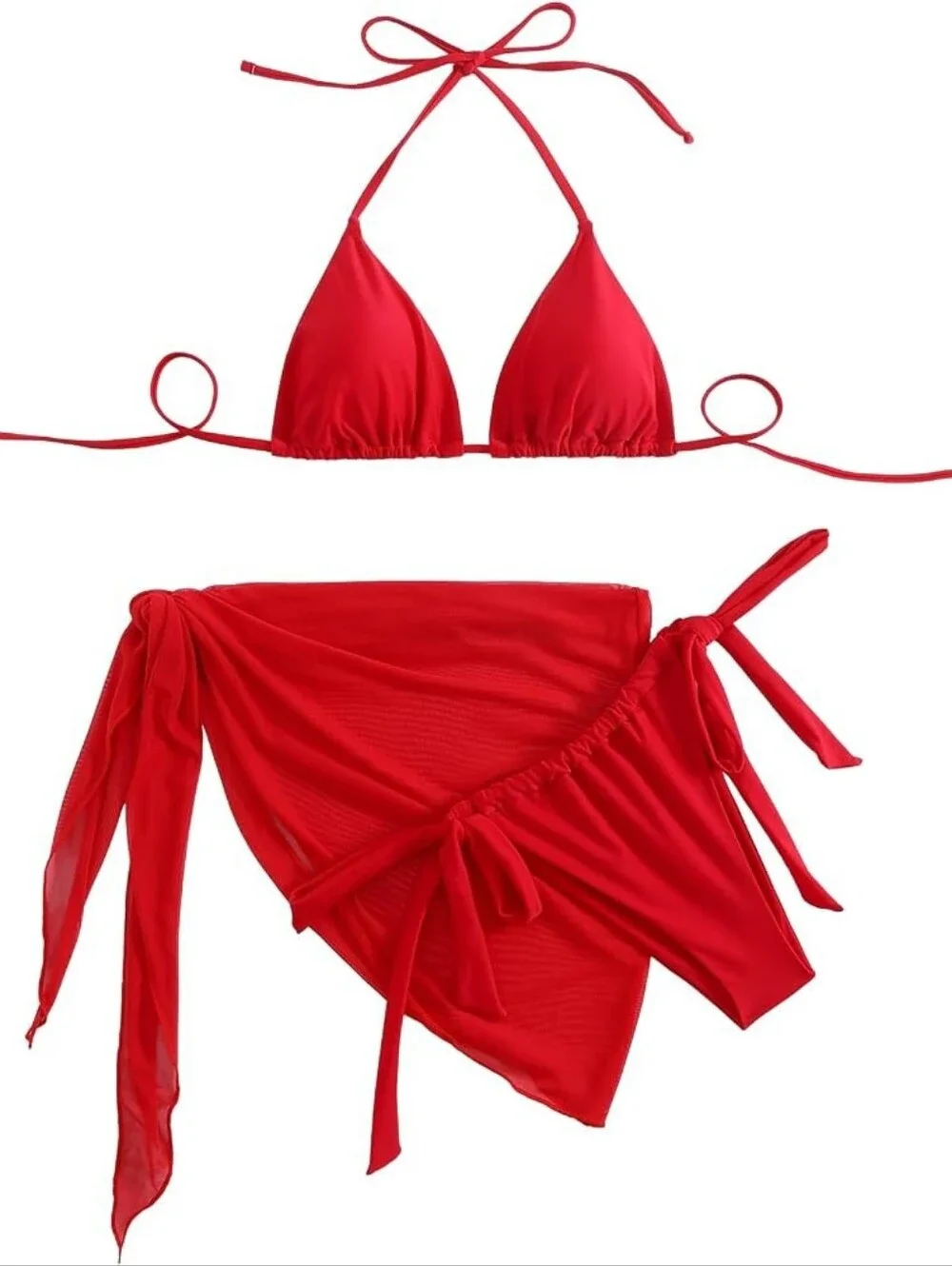 Women's 3 Piece Red Swimsuit Triangle Halter Thong Bikini Set with Cover Up, S